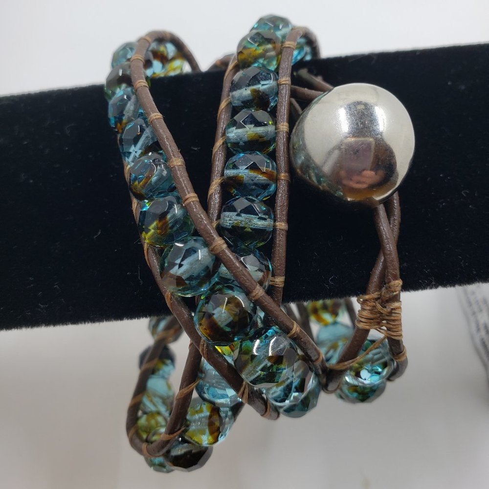 Brown Wrap Bracelet with Faceted Iridescent Glass Beads-Glows Uranium Glass